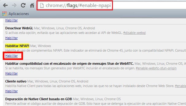 Activar plugins NPAPI Google Chrome