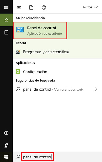 Buscar Panel de control en Windows 10